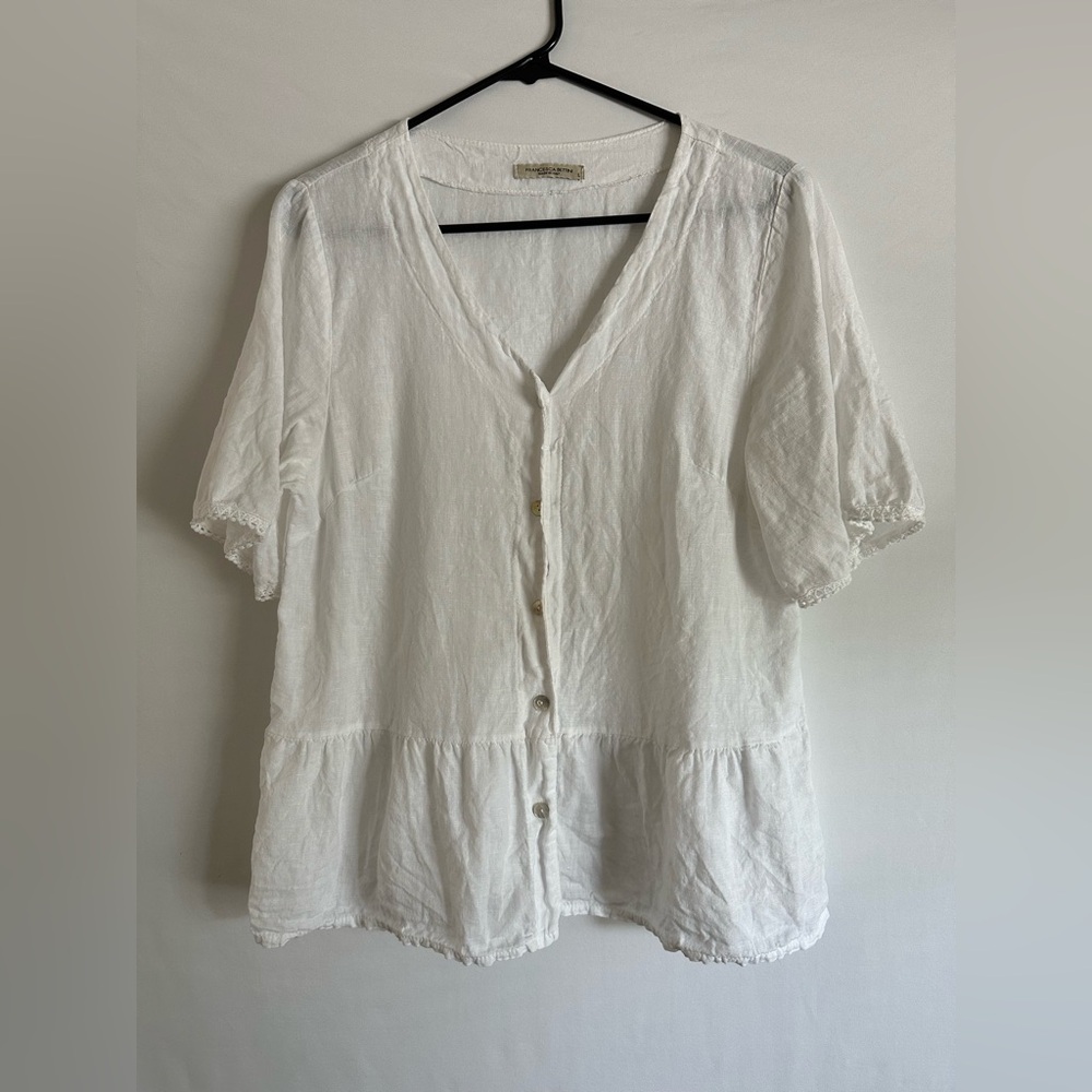 Francesca Bettini Women Italian Linen Top Size L Cottagecore Romantic Ruffle Hem